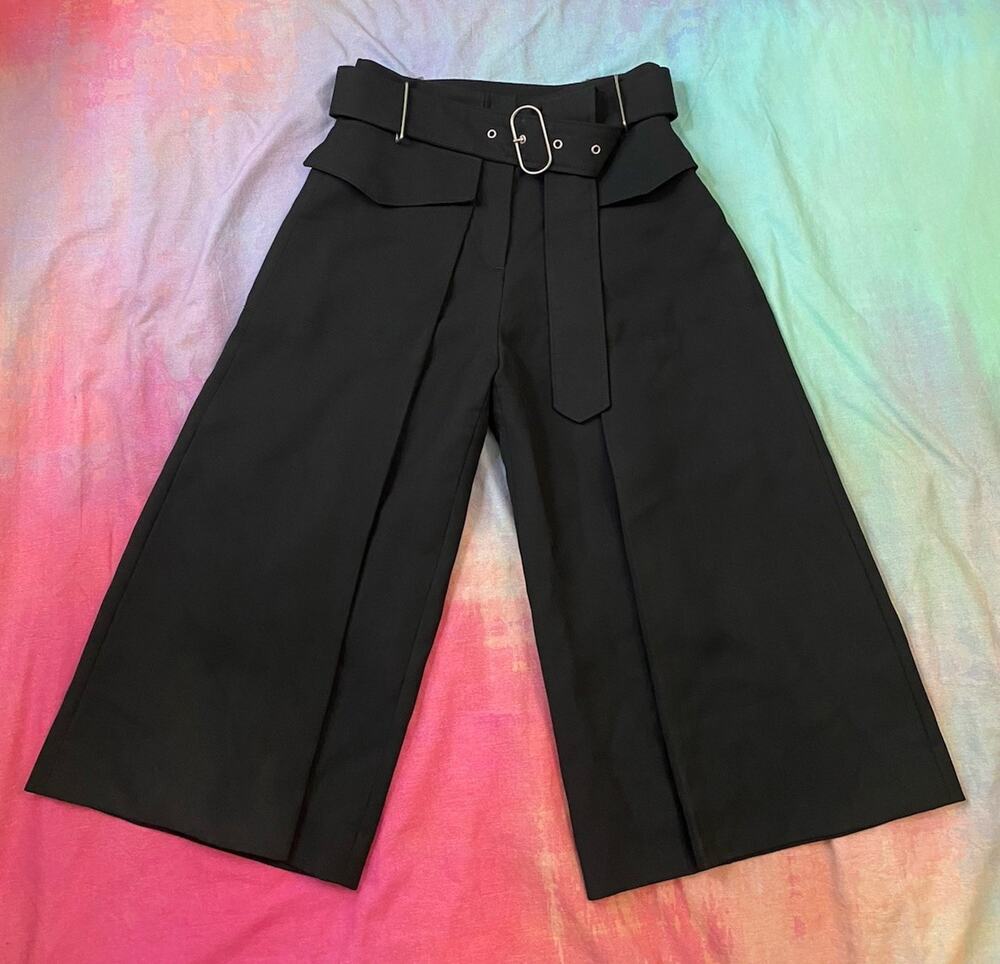 Acne Studios INEZ Wool Pleated Wide Leg Cropped Culotte Pant PSS17 Black Sz 36